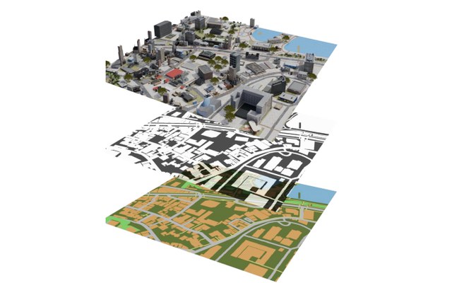 CityCraft: a generated 3D city stacked above its building mask and 2D layout
